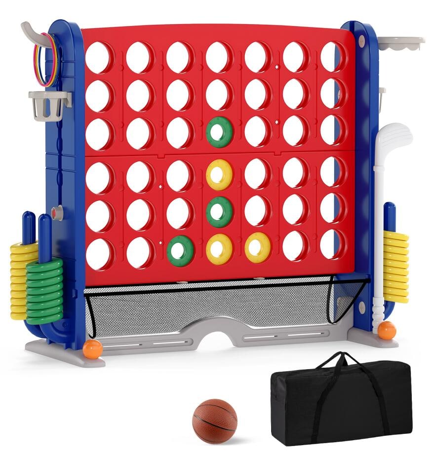 Front. Costway - Costway Giant 4-IN-A-ROW Game Set with Ring-toss, Basketball Hoop, Cup Holders, Storage bag - Navy & Red.