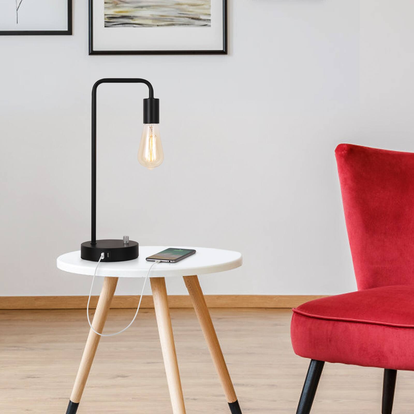Alt View 2. Oumilen - Black Industrial Desk Lamp with Dual USB Ports, 17.1in Tall, E26 Socket, Bulb Not Included.
