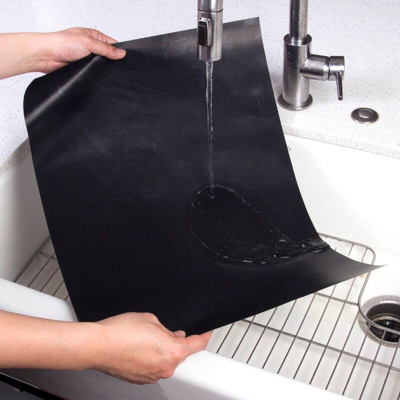 Left. Kitchen + Home - Oven Liners - Set of 4 Nonstick Reusable Oven Mat for Gas, Electric & Microwave Ovens - Black.