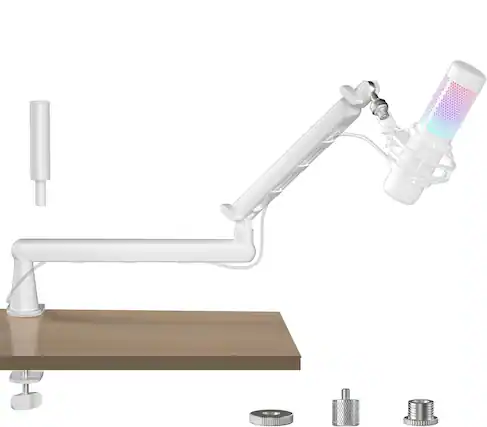 Front. FINEAK - Low Profile Desk Microphone Boom Arm for Stable Recording - White.