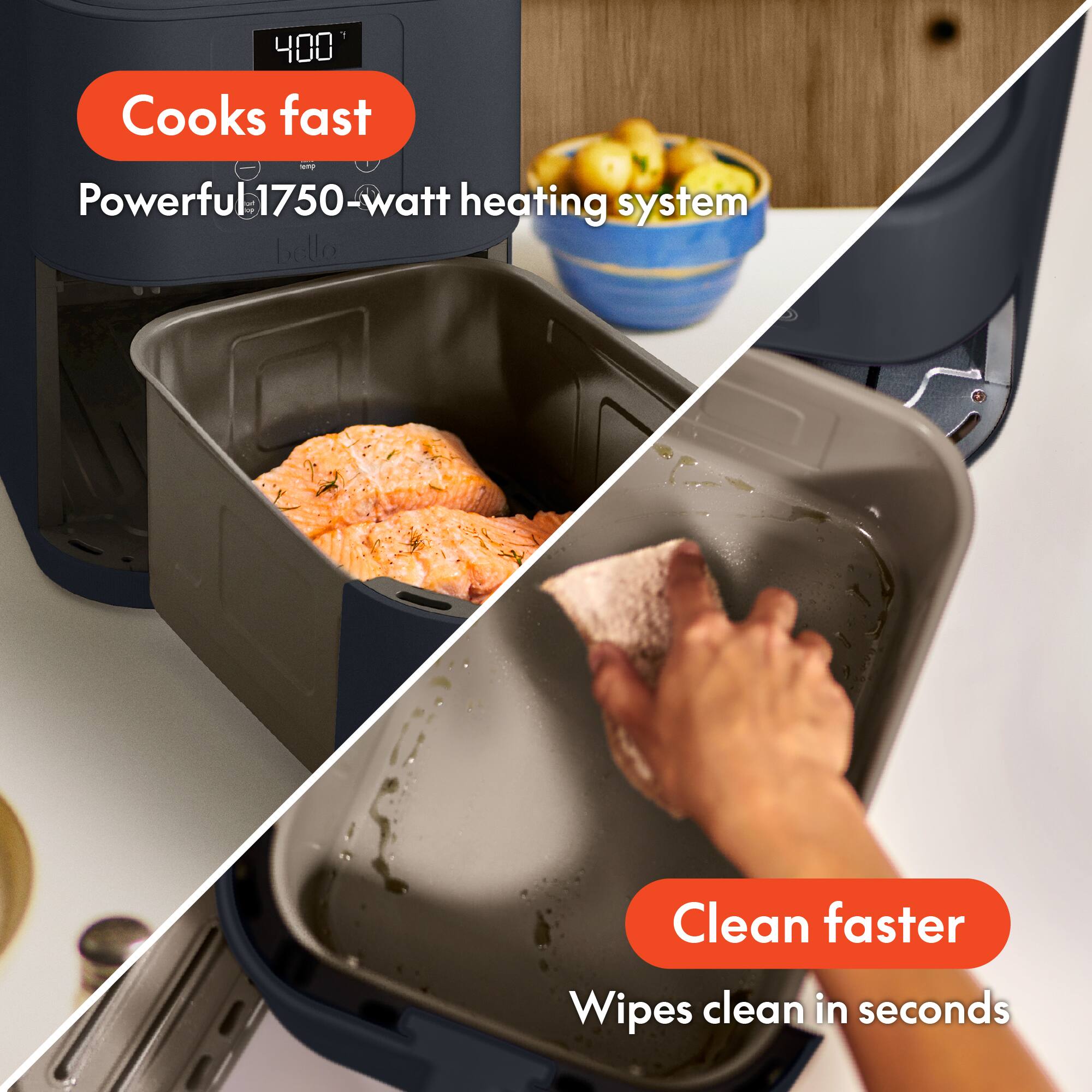 400°

Cooks fast  
Powerful 1750-watt heating system

Clean faster  
Wipes clean in seconds