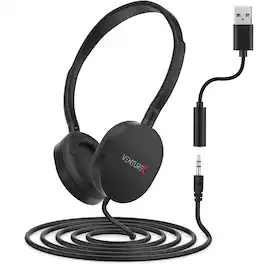 VentureX - K22 Stereo Kids Learning Phone & Computer Headphone, 3.5mm & USB-A Adapter, Black