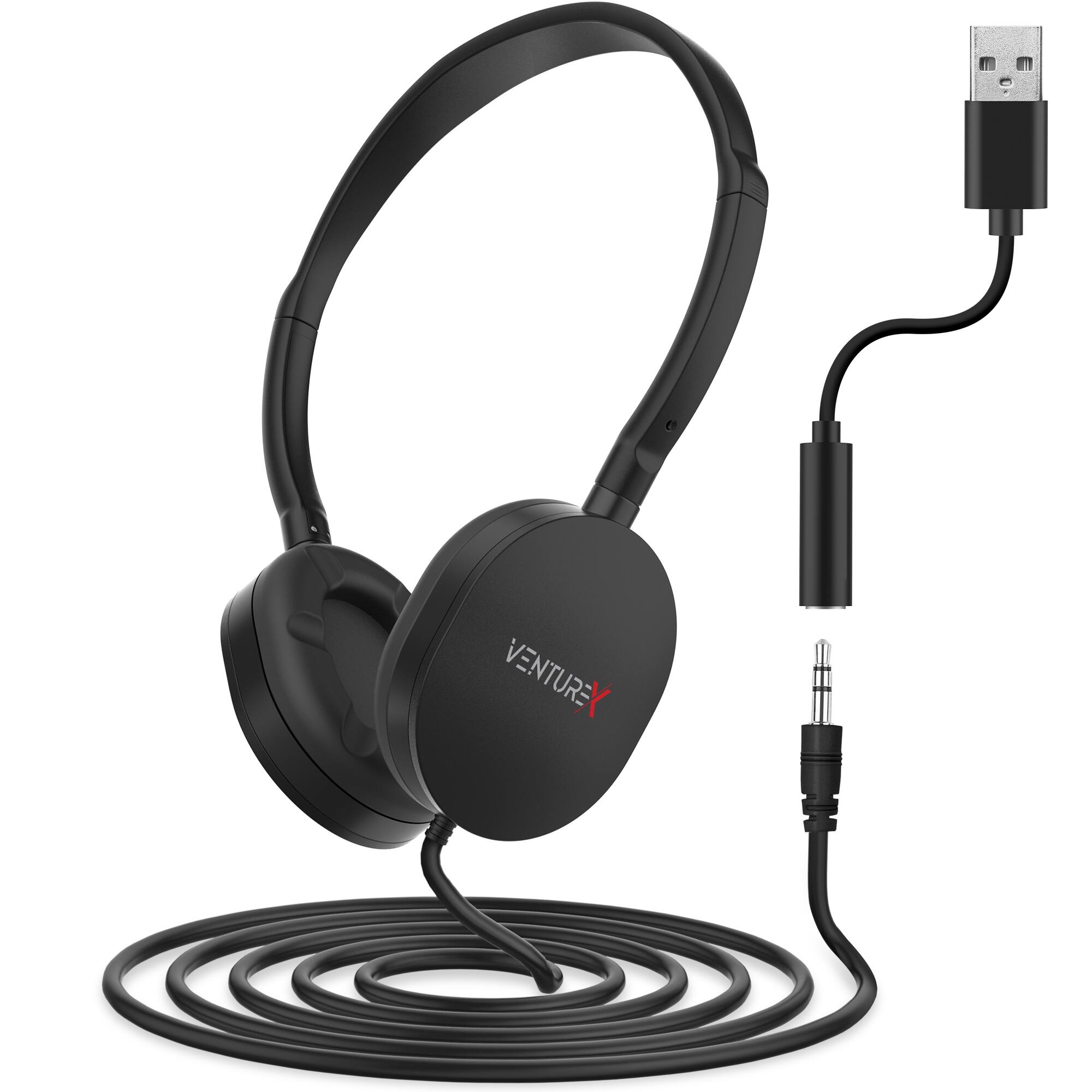 Front. VentureX - VentureX K22 Stereo Kids Learning Phone & Computer Headphone, 3.5mm & USB-A Adapter, Black.
