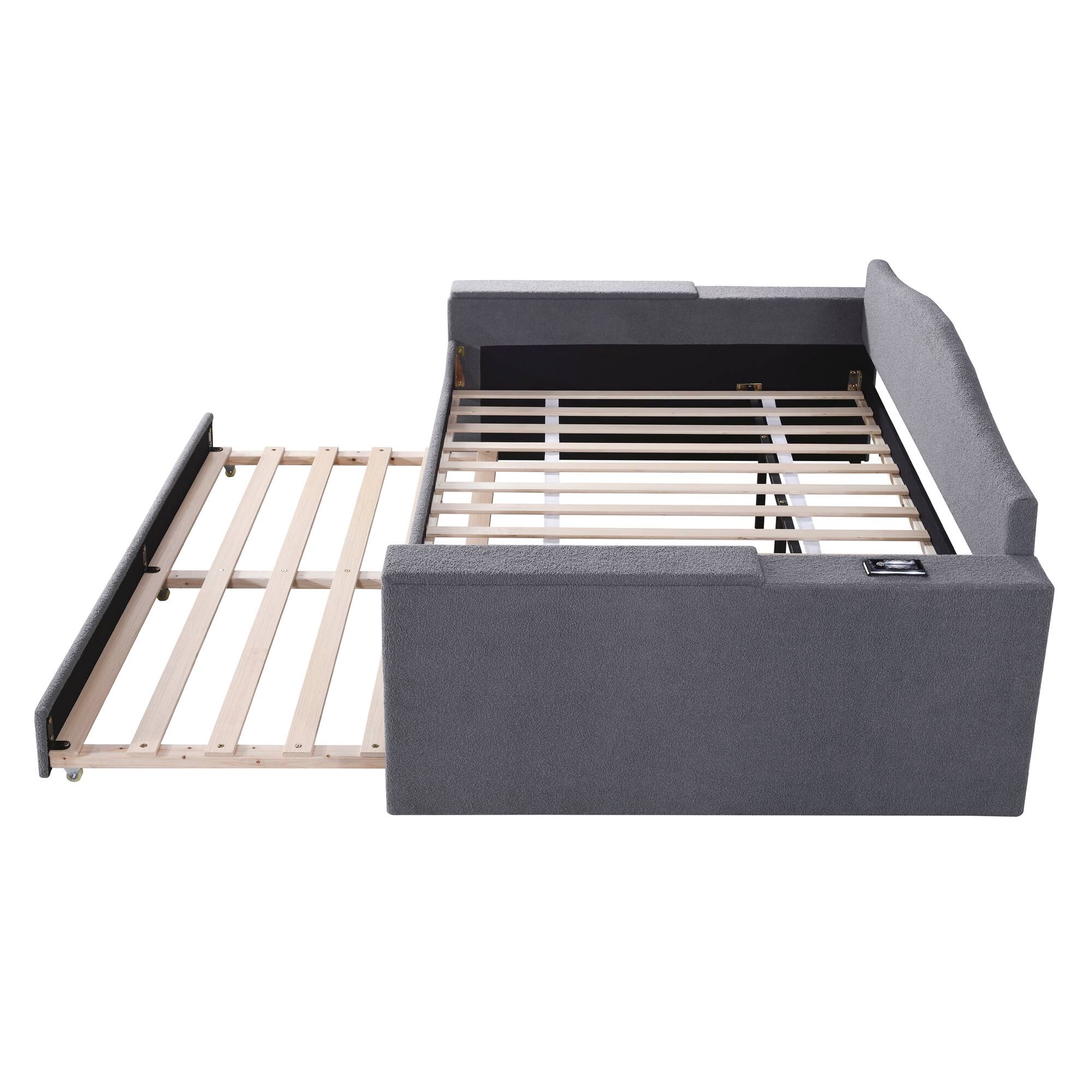 Alt View 4. Tiramisubest - Full Size Upholstered Daybed with Storage Armrests, Trundle and Latest Integrated Bluetooth Audio System, Teddy Fleece - Gray.