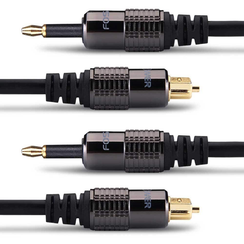 FosPower - 2-Pack 24K Gold-Plated Toslink to Mini Toslink Cable - 3FT, S/PDIF Digital Optical Audio Cable, Fiber Core Optical Cable - Black