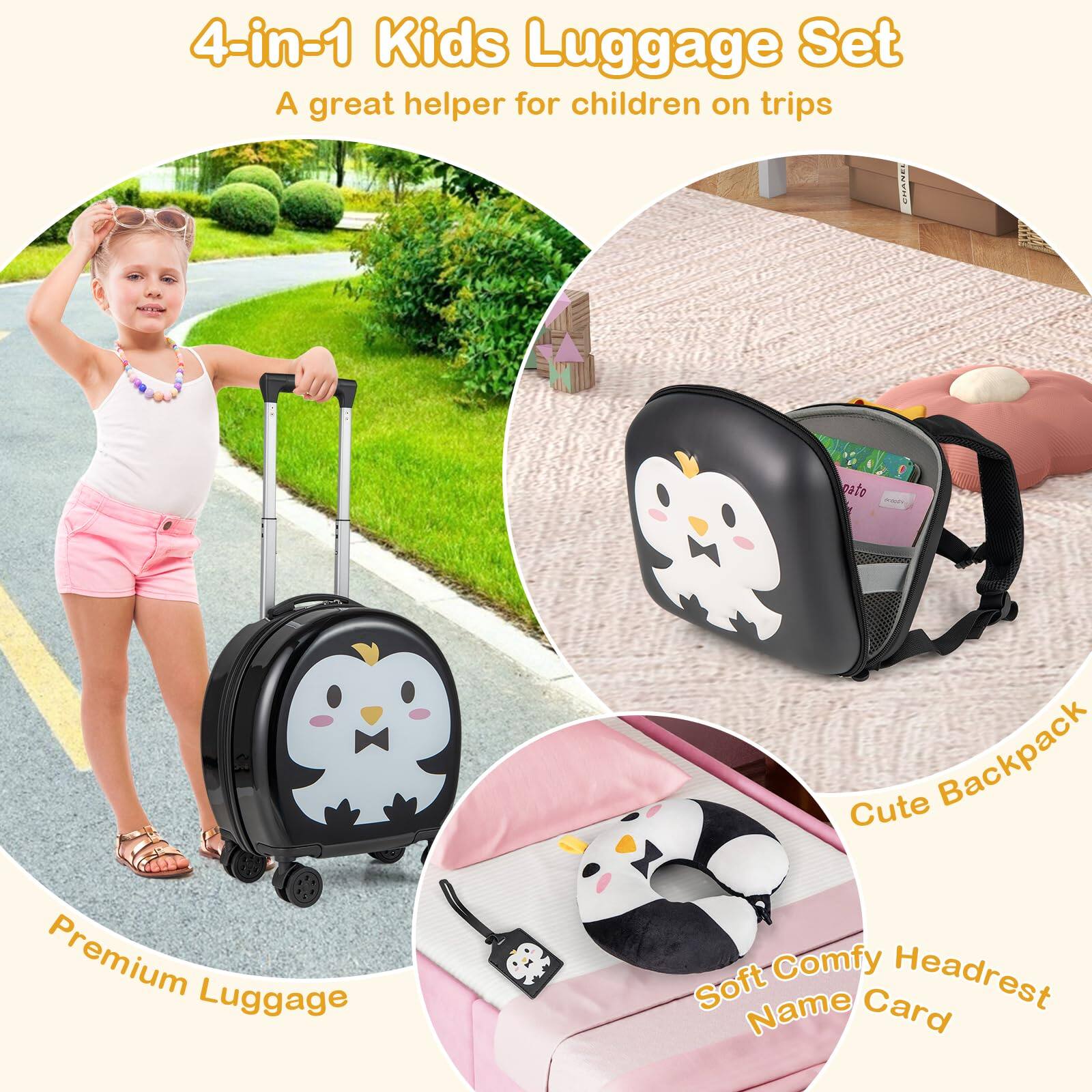 4-in-1 Kids Luggage Set  
A great helper for children on trips  

Premium Luggage  
Cute Backpack  
Soft Comfy Headrest  
Name Card