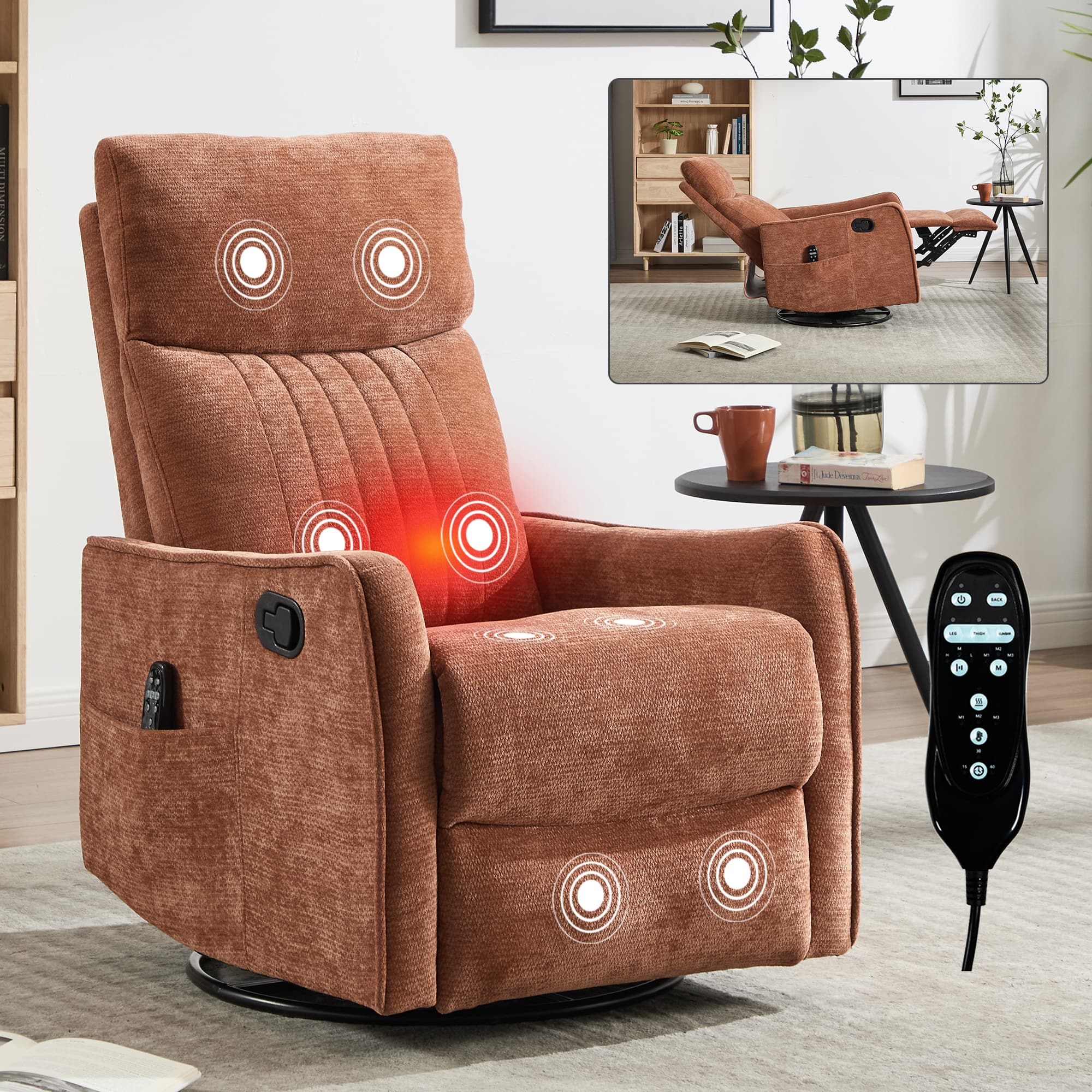 PexFix - Heat Massage Manual Recliner Chair with Rocker and Swivel in Chenille for Living Room - Orange