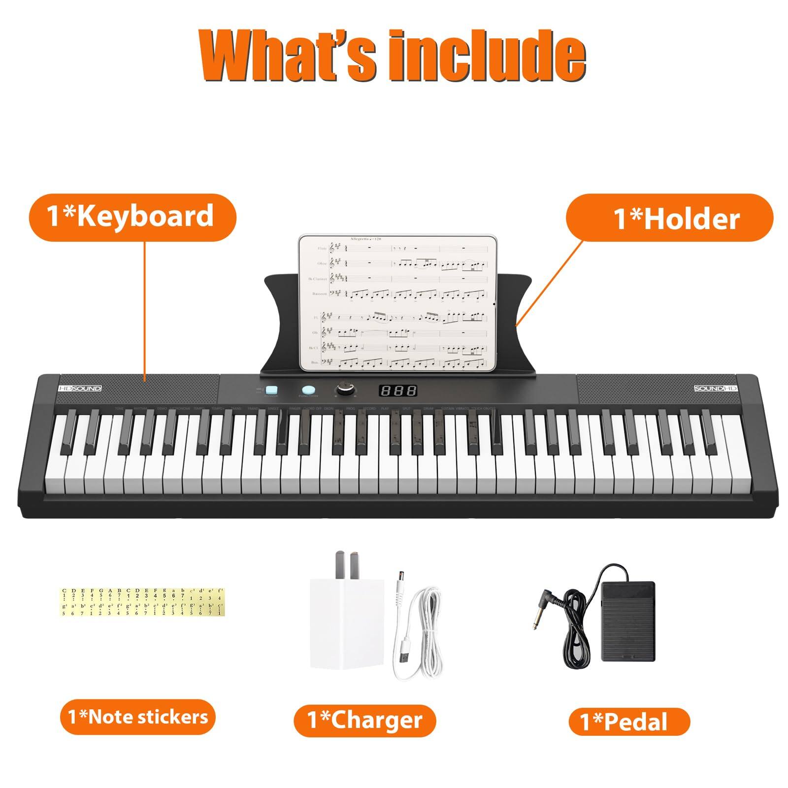 What's included

1*Keyboard  
1*Holder  
1*Note stickers  
1*Charger  
1*Pedal