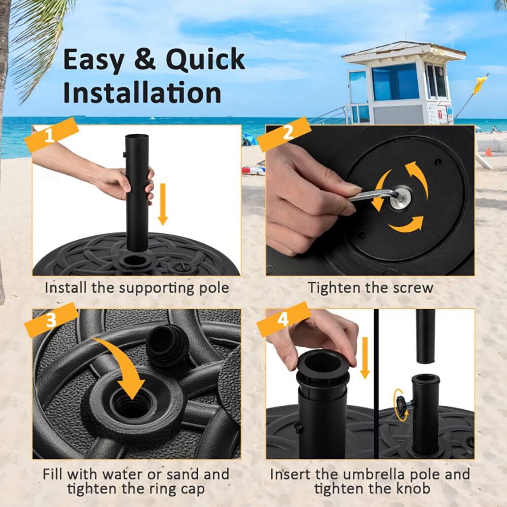 Easy & Quick Installation

1. Install the supporting pole
2. Tighten the screw
3. Fill with water or sand and tighten the ring cap
4. Insert the umbrella pole and tighten the knob
