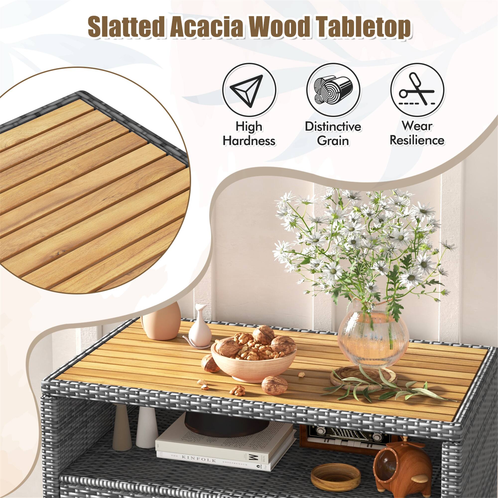Slatted Acacia Wood Tabletop

- High Hardness
- Distinctive Grain
- Wear Resilience