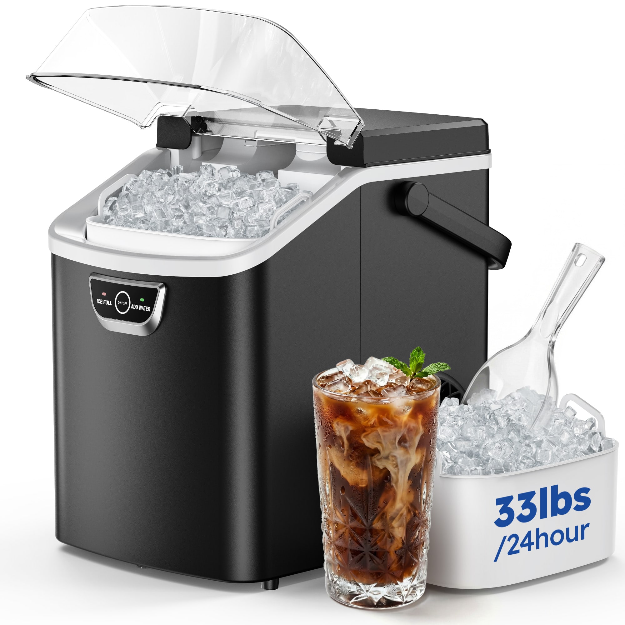 SIMZLIFE - Portable Countertop Nugget Ice Maker,5-Min Fast Ice, 33lbs/24H, Self-Cleaning, Quiet ,Pebble Ice Maker for Home, Party - balck