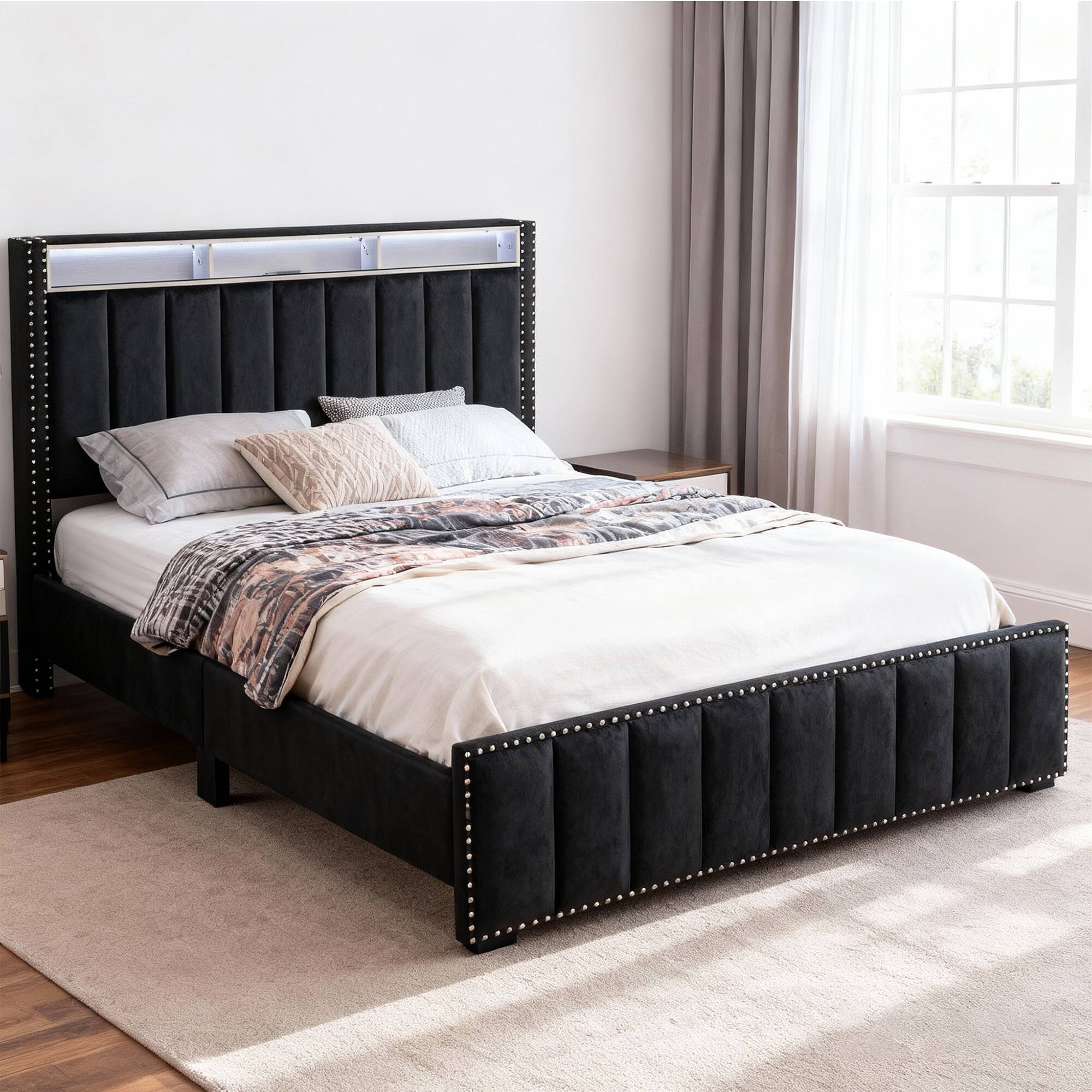 Parrot Uncle - Contemporary Velvet Platform Bed With LED Lights and Nailhead Trim - Black