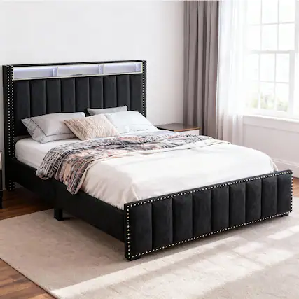 Front. Parrot Uncle - Contemporary Velvet Platform Bed With LED Lights and Nailhead Trim - Black.