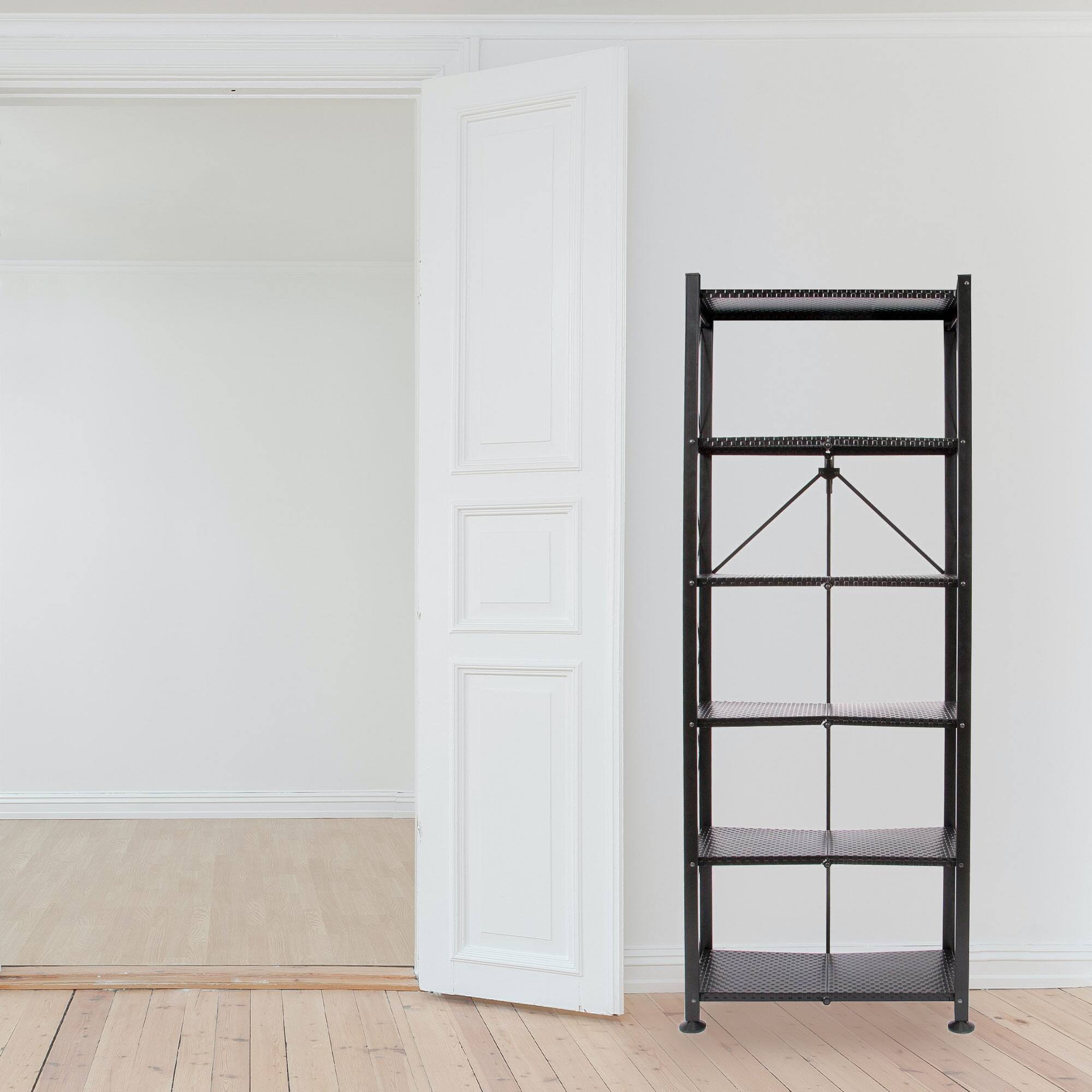 Alt View 2. Origami - Origami 6 Tier Classic Stamped Steel Bookcase Organizer Storage Rack, Black - Black.