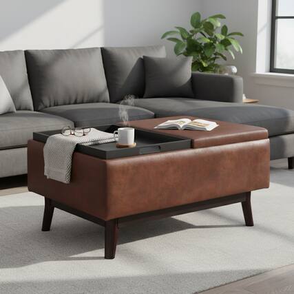 Front. Simpli Home - Owen Tray Top 34 inch Wide Solid Wood Storage Ottoman, Distressed Pecan Brown - Distressed Pecan Brown.