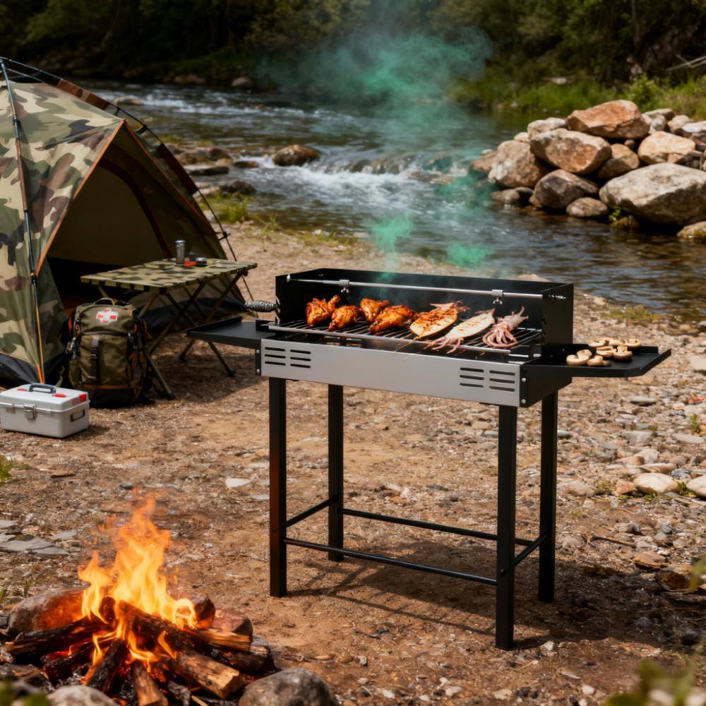 Left. COWLOWN - 3-Level Charcoal BBQ Grill with Rotisserie Split Roaster Storage Shelves Black and Silver.