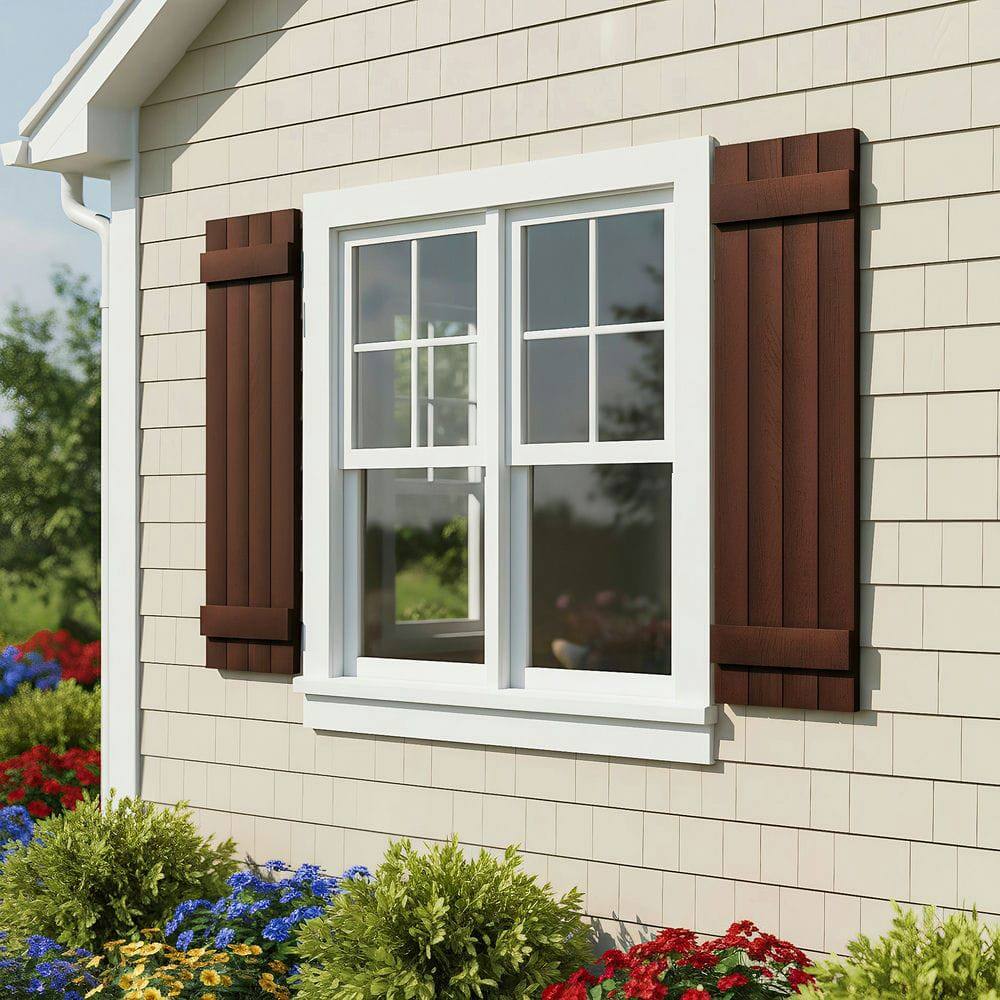 Alt View 1. Kadyn - Classic Board & Batten Faux Shutters with 2 Horizontal Bars for Timeless and Durable Exterior Elegance, 14"x43", Red - Red.