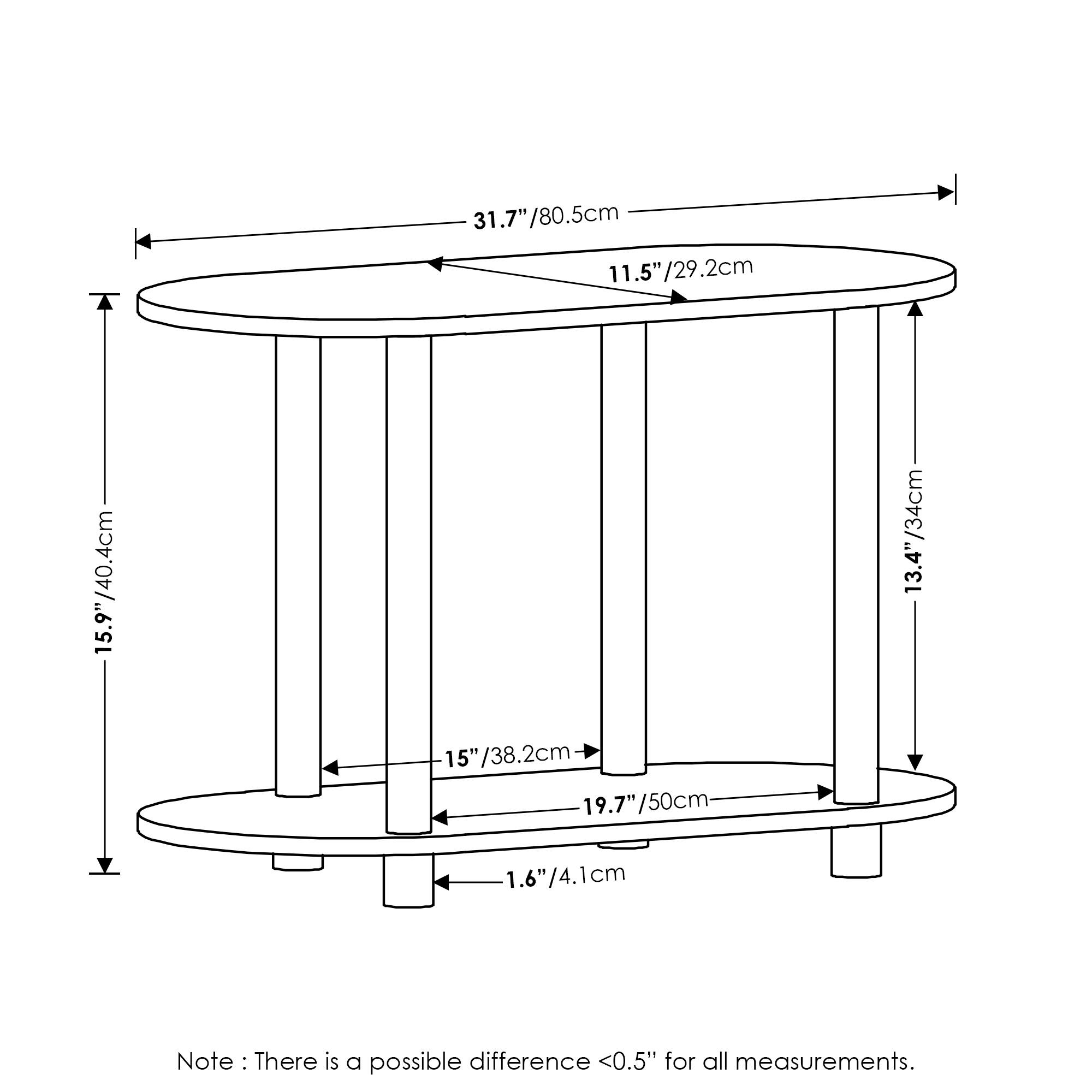 31.7"/80.5cm  
11.5"/29.2cm  
15.9"/40.4cm  
15"/38.2cm  
19.7"/50cm  
1.6"/4.1cm  

Note: There is a possible difference <0.5" for all measurements.