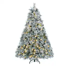 BreeBe - 4FT Prelit Flocked Christmas Tree with Pine Needles & Eucalyptus Leaves - White,Green