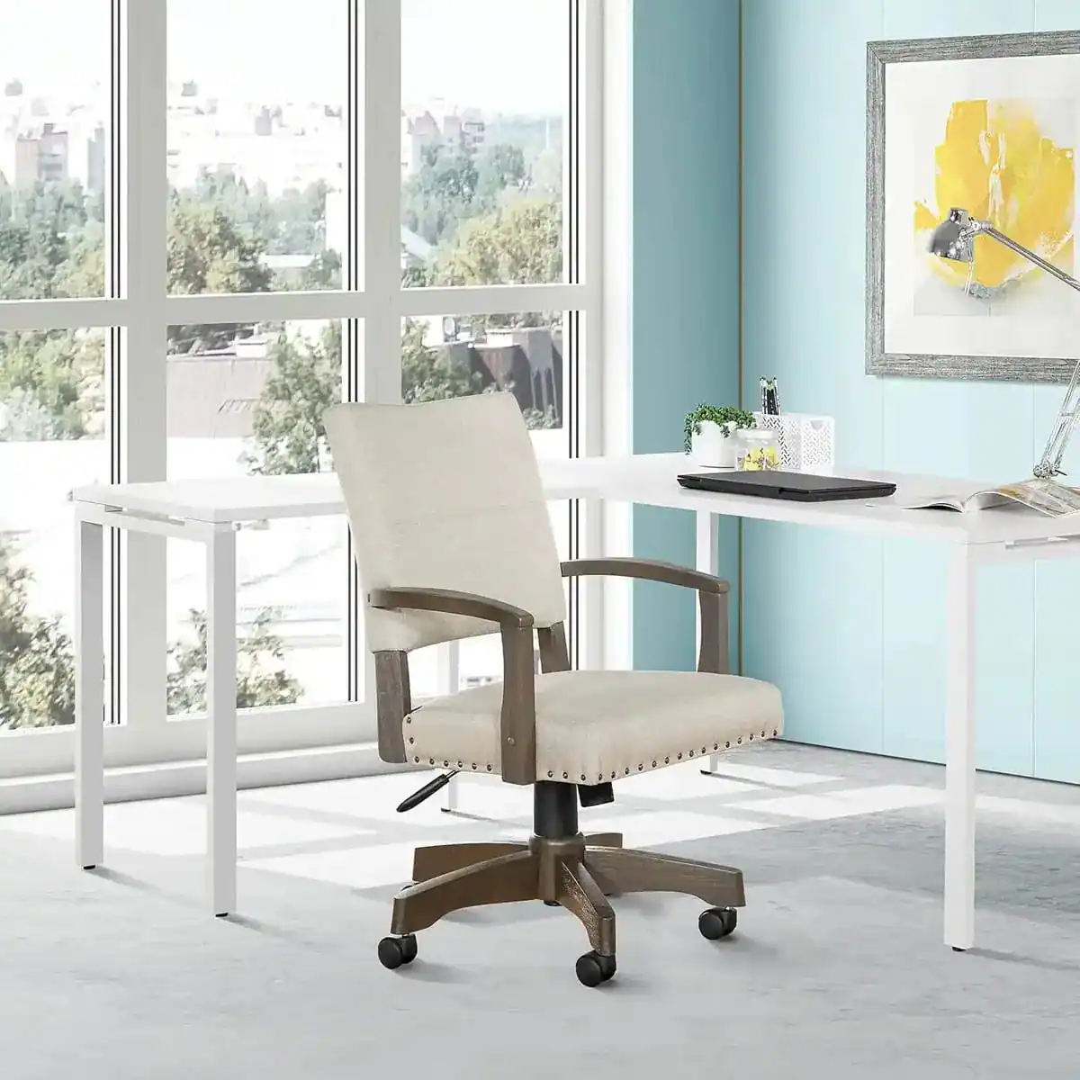 Left. Office Star Products - Santina Deluxe Cushioned Banker's Chair for Elegant Home Office - Beige.