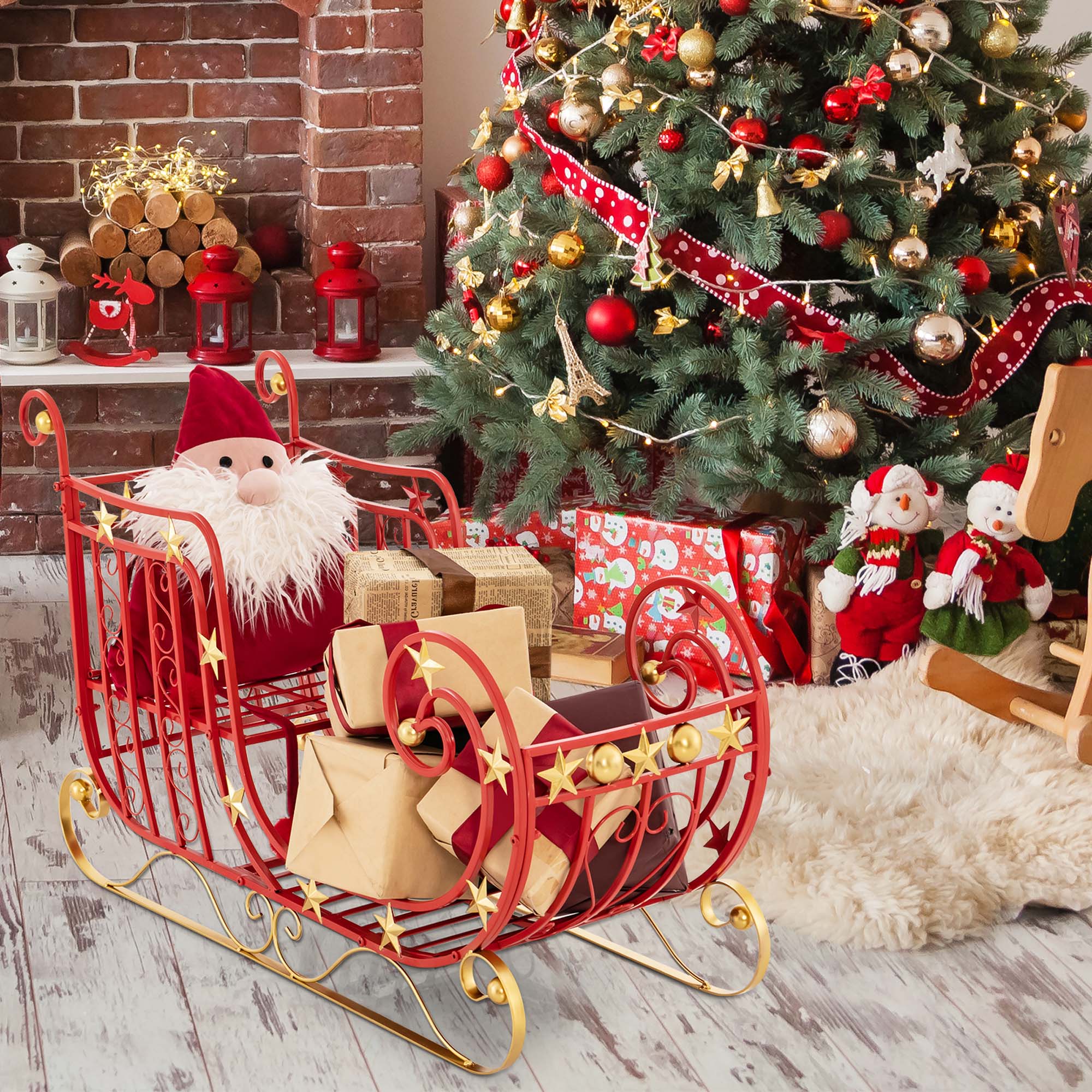 Alt View 12. Costway - Red Santa Sleigh with Large Cargo Area for Gifts Metal Christmas Holiday Decor - Red/Golden.