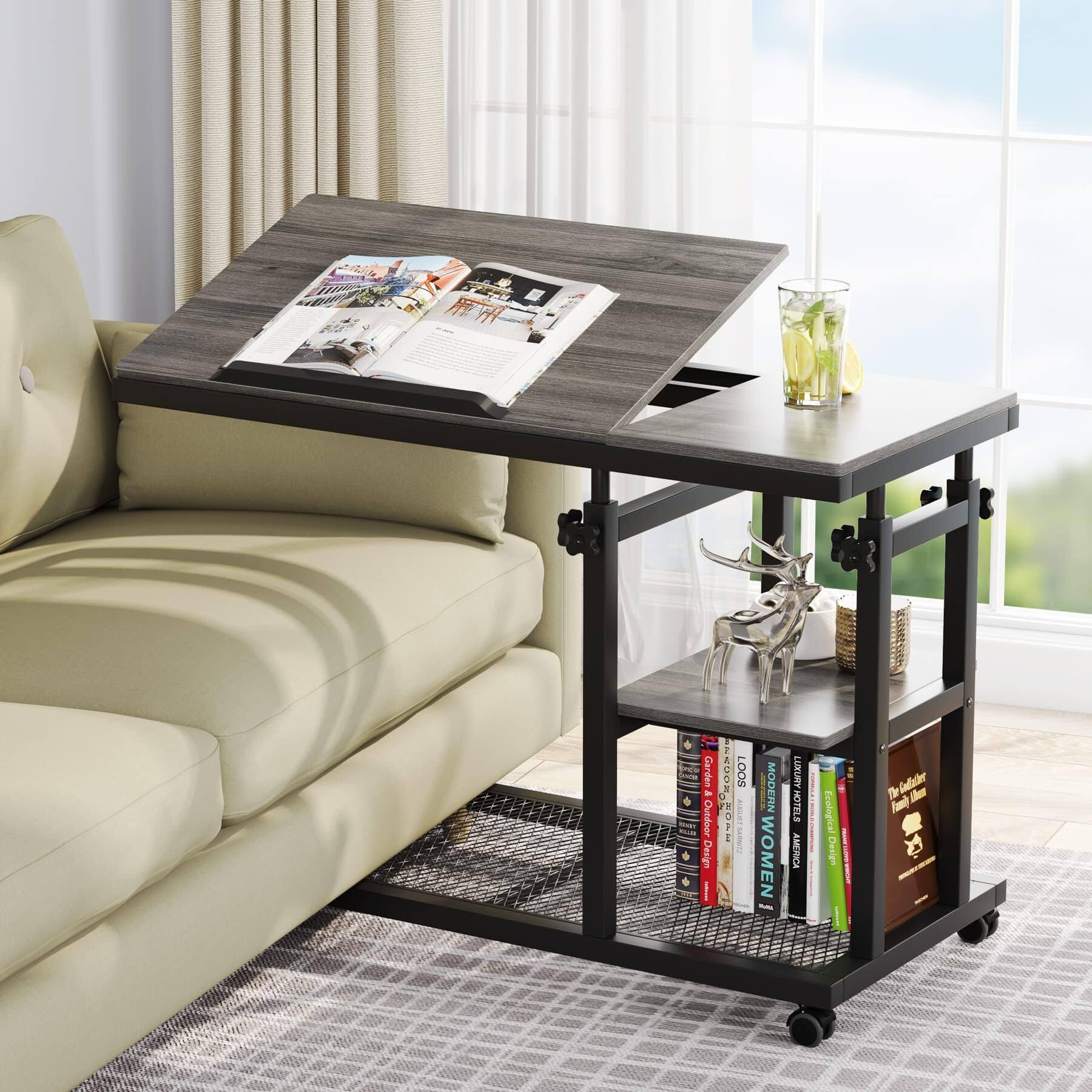 Tribesigns - Height-Adjustable C-Shaped Mobile Laptop Desk with Wheels and Tilting Top for Sofa or Bedside - Grey+black