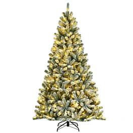 WELLFOR - 7ft Pre‑Lit Artificial Christmas Tree with 650 Branch Tips,450 LED Lights, Snow‑Flocked Hinged Xmas Tree - Green