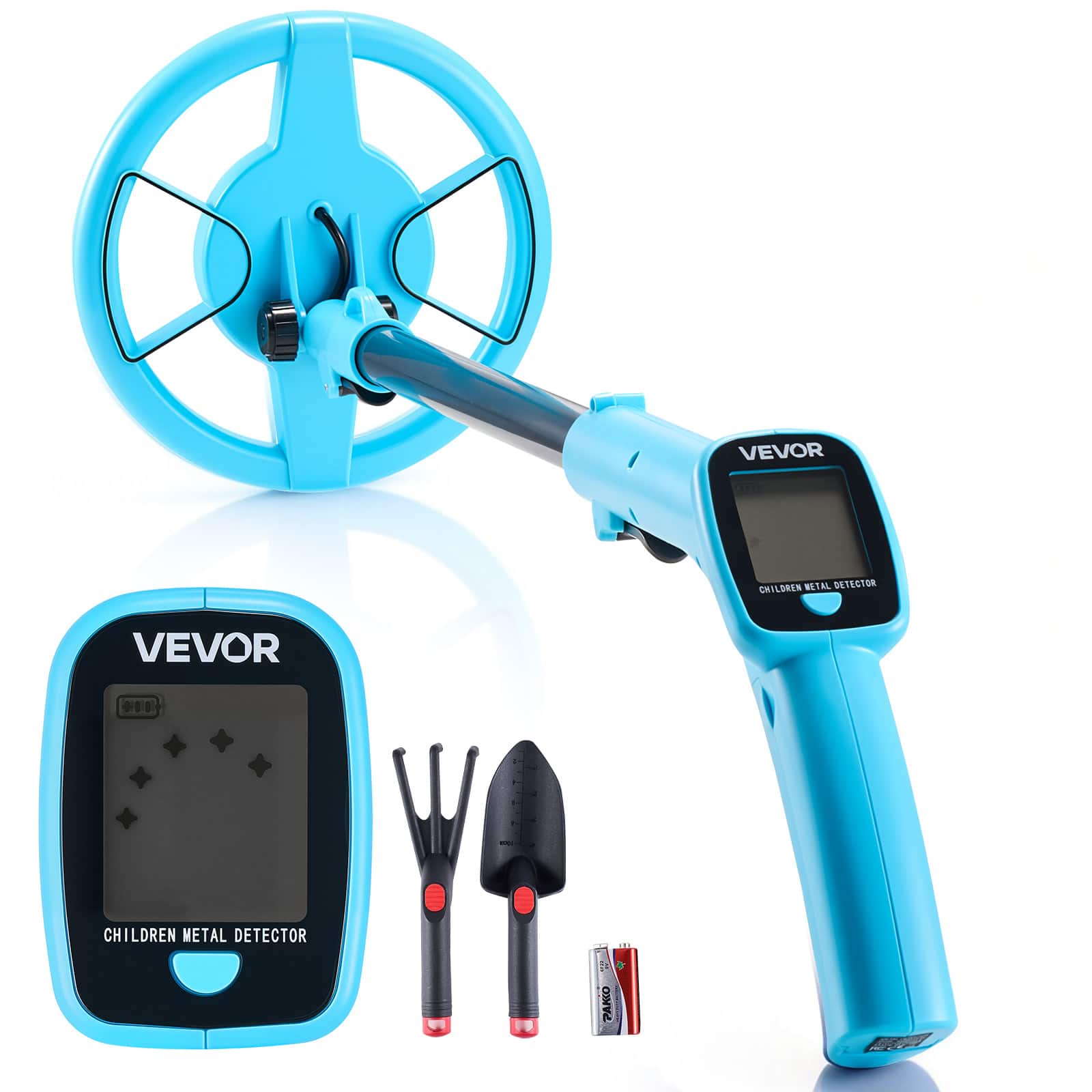 VEVOR - Metal Detector, 4", Lightweight Metal Detector with LCD Display, 6" IP68 Waterproof Search Coil, Adjustable 25.6"-36.6" - Blue