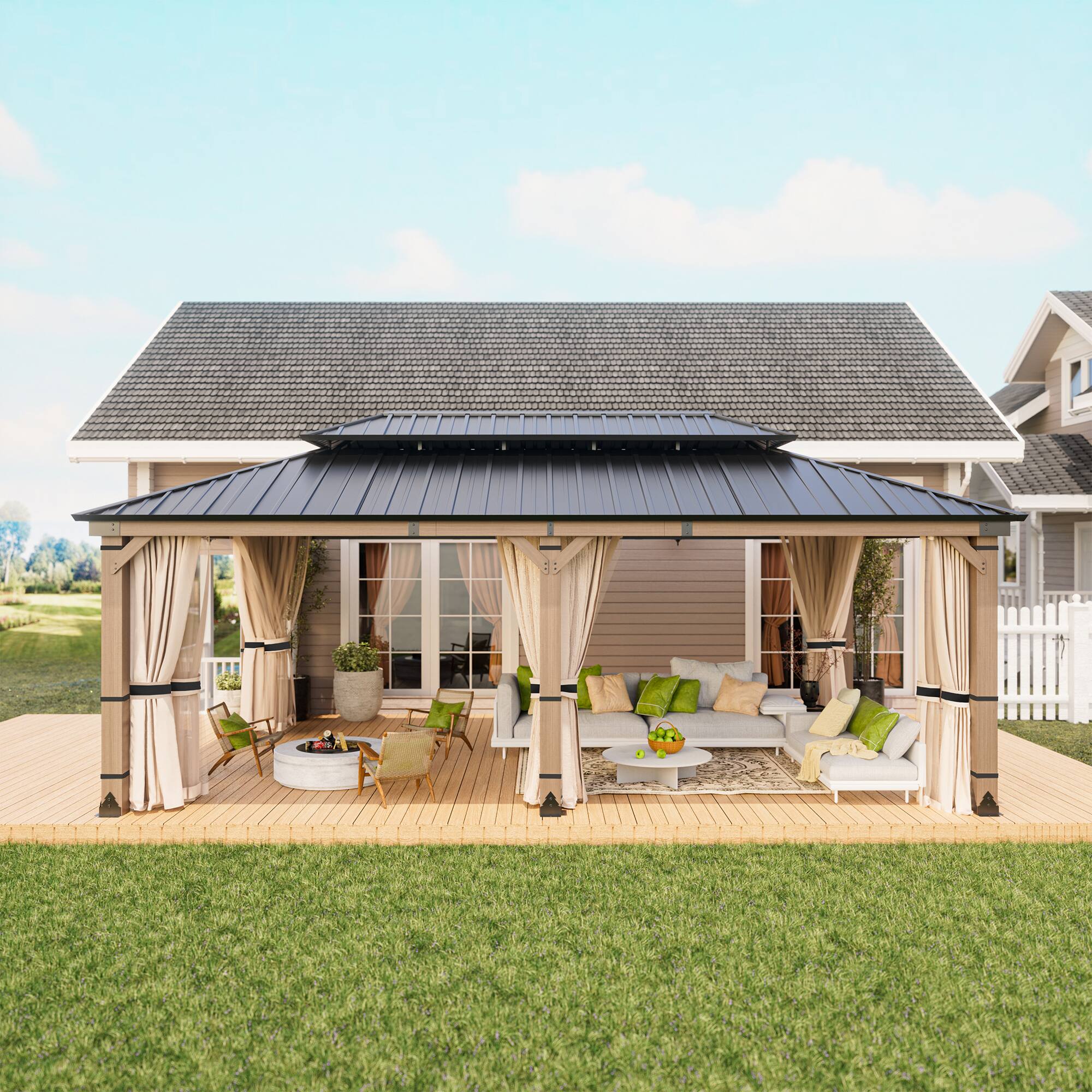 Angle. Mondawe - 12x20 ft. Solid Cedar Wood Patio Gazebo with Curtains and Mesh Screens - Natural Wood + Black.