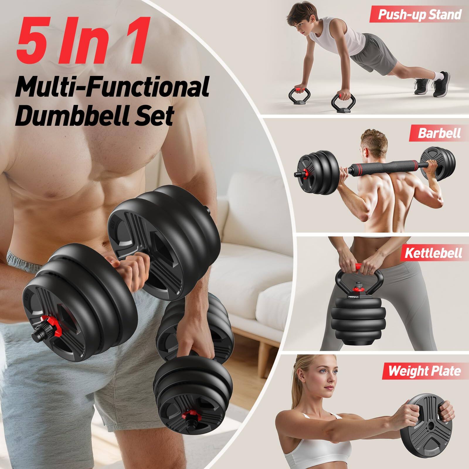 5 In 1 Multi-Functional Dumbbell Set

- Push-up Stand
- Barbell
- Kettlebell
- Weight Plate