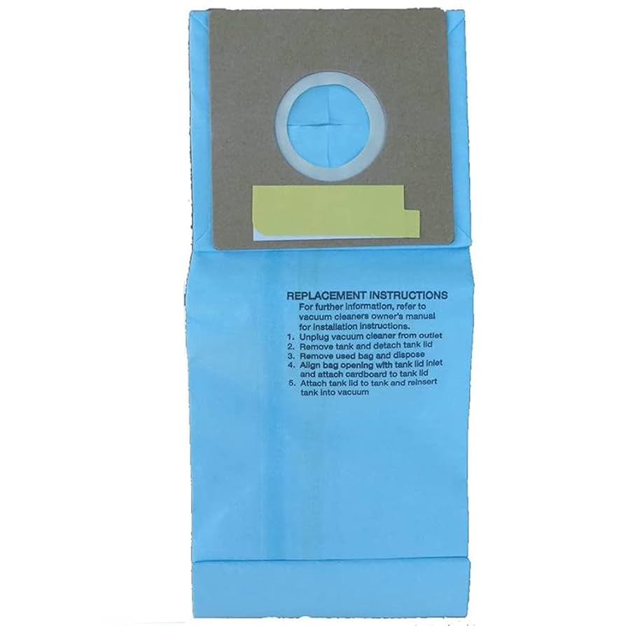 REPLACEMENT INSTRUCTIONS  
For further information, refer to vacuum cleaners owner's manual for Installation instructions.  
1. Unplug vacuum cleaner from outlet  
2. Remove tank and detach tank lid  
3. Remove paper bag and dispose  
4. Align bag opening with tank lid Inlet and attach cardboard to tank lid  
5. Attach tank lid to tank and reinsert tank into vacuum