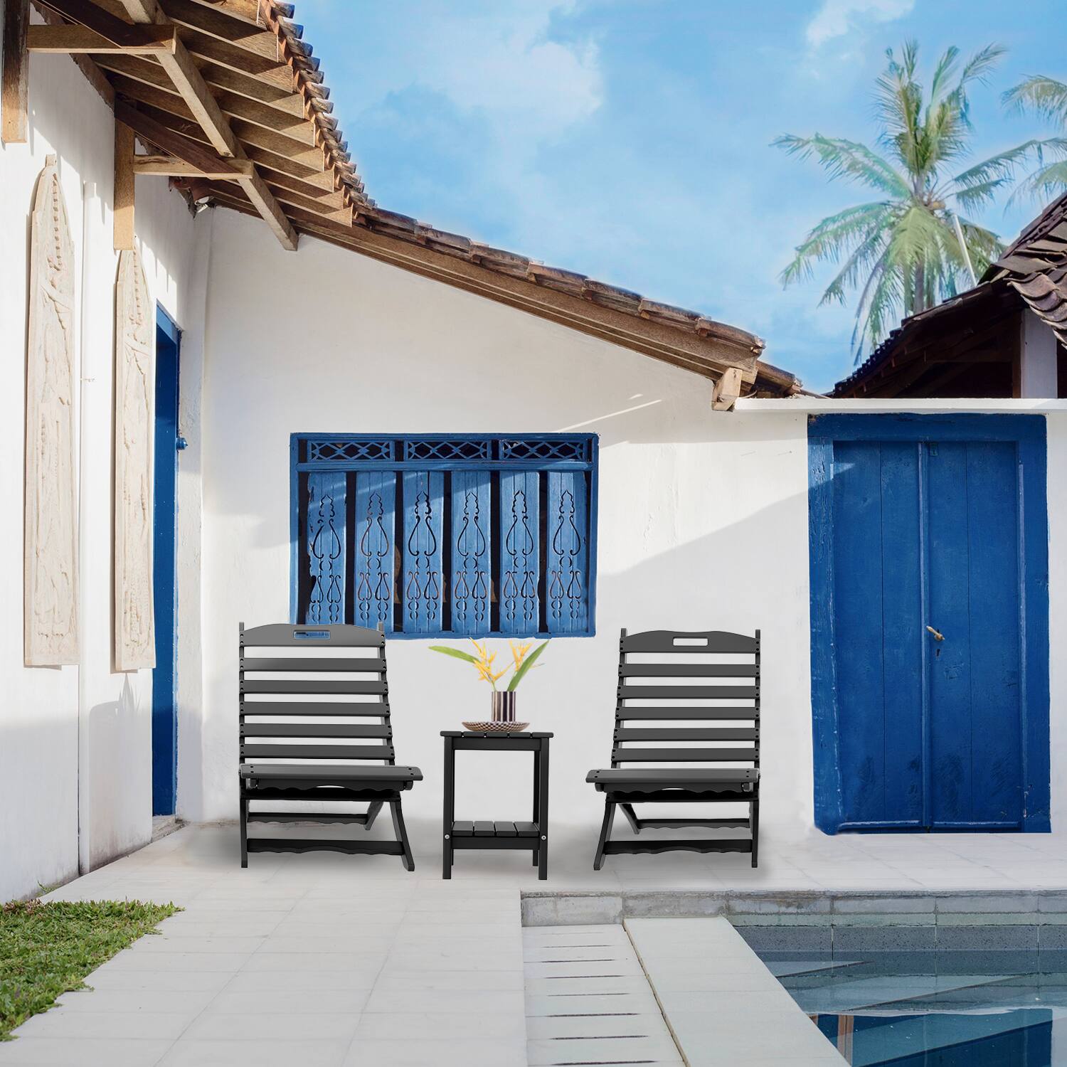 Alt View 1. FODINGHILL - Folding Portable Xavier Wave HDPE Adirondack Chairs Set of 2 - Black.