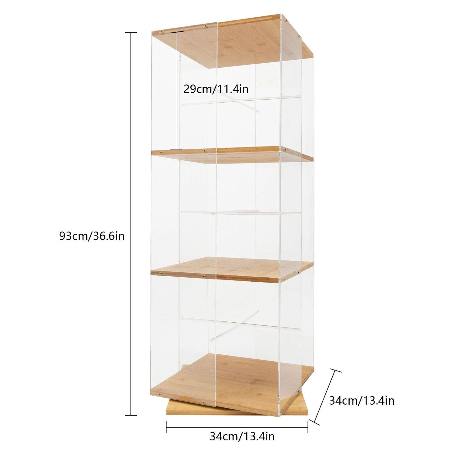 - Height: 93cm / 36.6in
- Width: 34cm / 13.4in
- Depth: 34cm / 13.4in
- Shelf height: 29cm / 11.4in