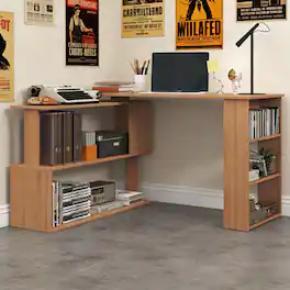 Anysun - Modern Minimalist Rotating Design Wooden Laminated Corner Computer Desk with Shelf and Side Bookcase, Assembly Required - Teak