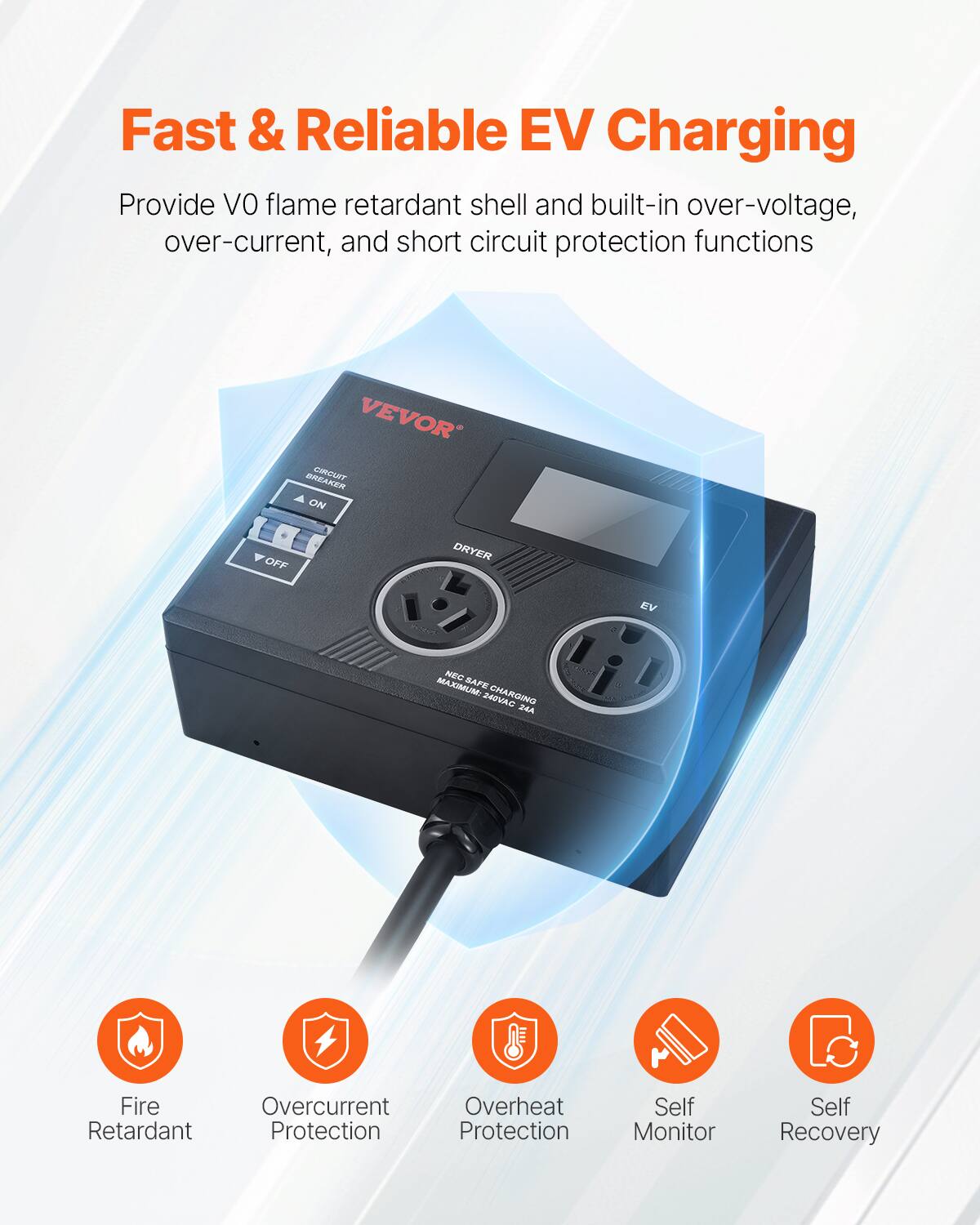 Fast & Reliable EV Charging

Provide VO flame retardant shell and built-in over-voltage, over-current, and short circuit protection functions

- Fire Retardant
- Overcurrent Protection
- Overheat Protection
- Self Monitor
- Self Recovery