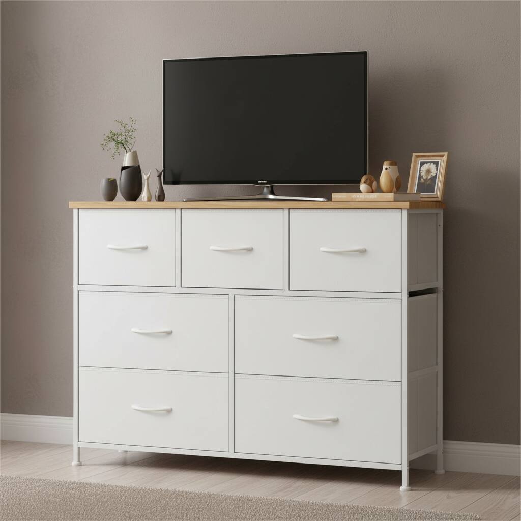 AOITUN - 7 Drawer Dresser for Bedroom, TV Stand for 45 Inch TV, Fabric Storage Chest with Wood Top, Sturdy Media Console - White