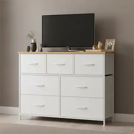 Front. AOITUN - 7 Drawer Dresser for Bedroom, TV Stand for 45 Inch TV, Fabric Storage Chest with Wood Top, Sturdy Media Console, White - White.