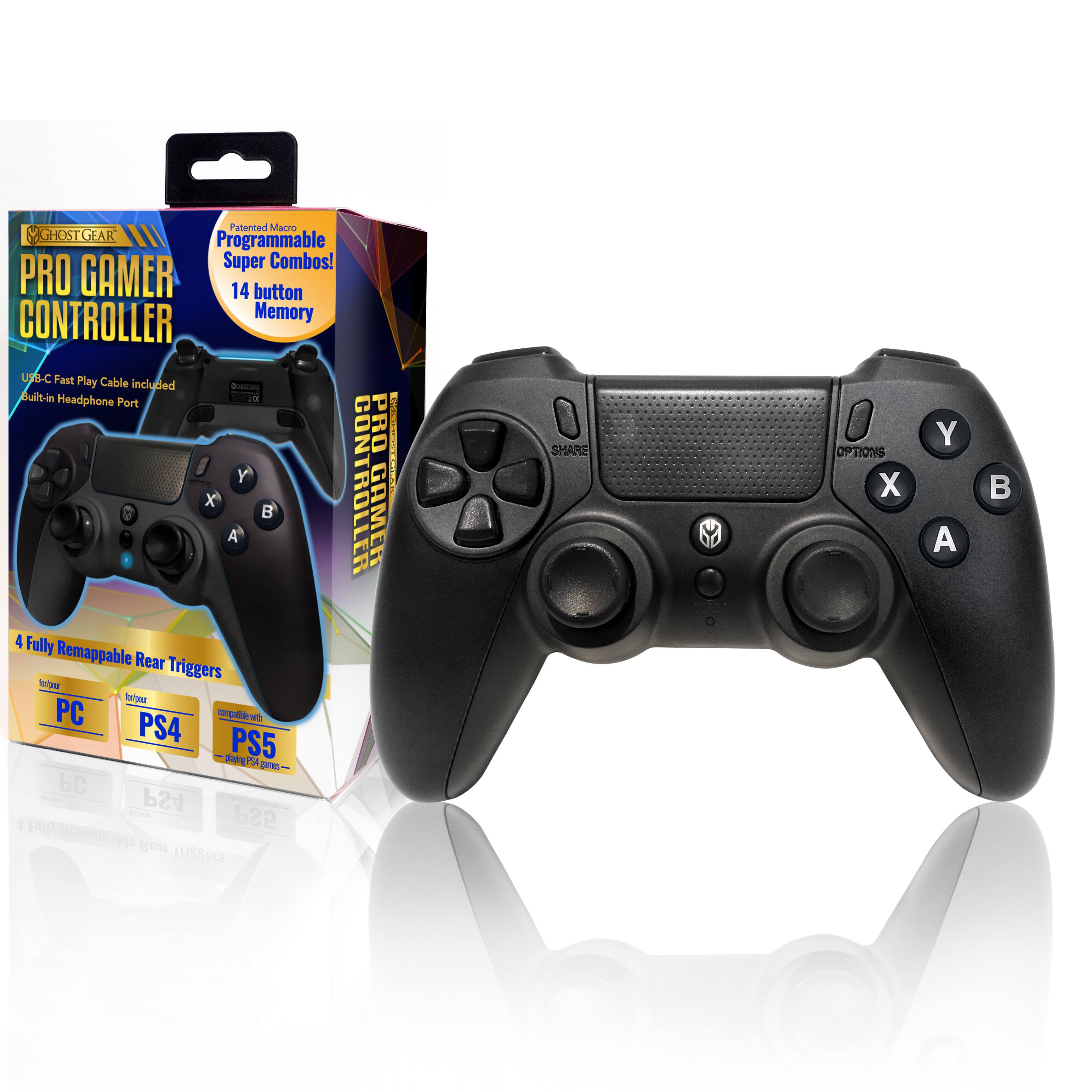 **Ghost Gear Pro Gamer Controller**

- Patented Macro Programmable Super Combos!
- 14 button Memory
- USB-C Fast Play Cable included
- Built-in Headphone Port
- 4 Fully Remappable Rear Triggers
- Compatible with PC, PS4, PS5

**Features:**
- USB-C Fast Play Cable included
- Built-in Headphone Port
- 4 Fully Remappable Rear Triggers
- Compatible with PC, PS4, PS5

**Buttons:**
- X, Y, A, B
- Options, Share
- Dual Analog Sticks
- D-Pad
- Home Button
- PlayStation Logo Button

**Compatibility:**
- PC
- PS4
- PS5