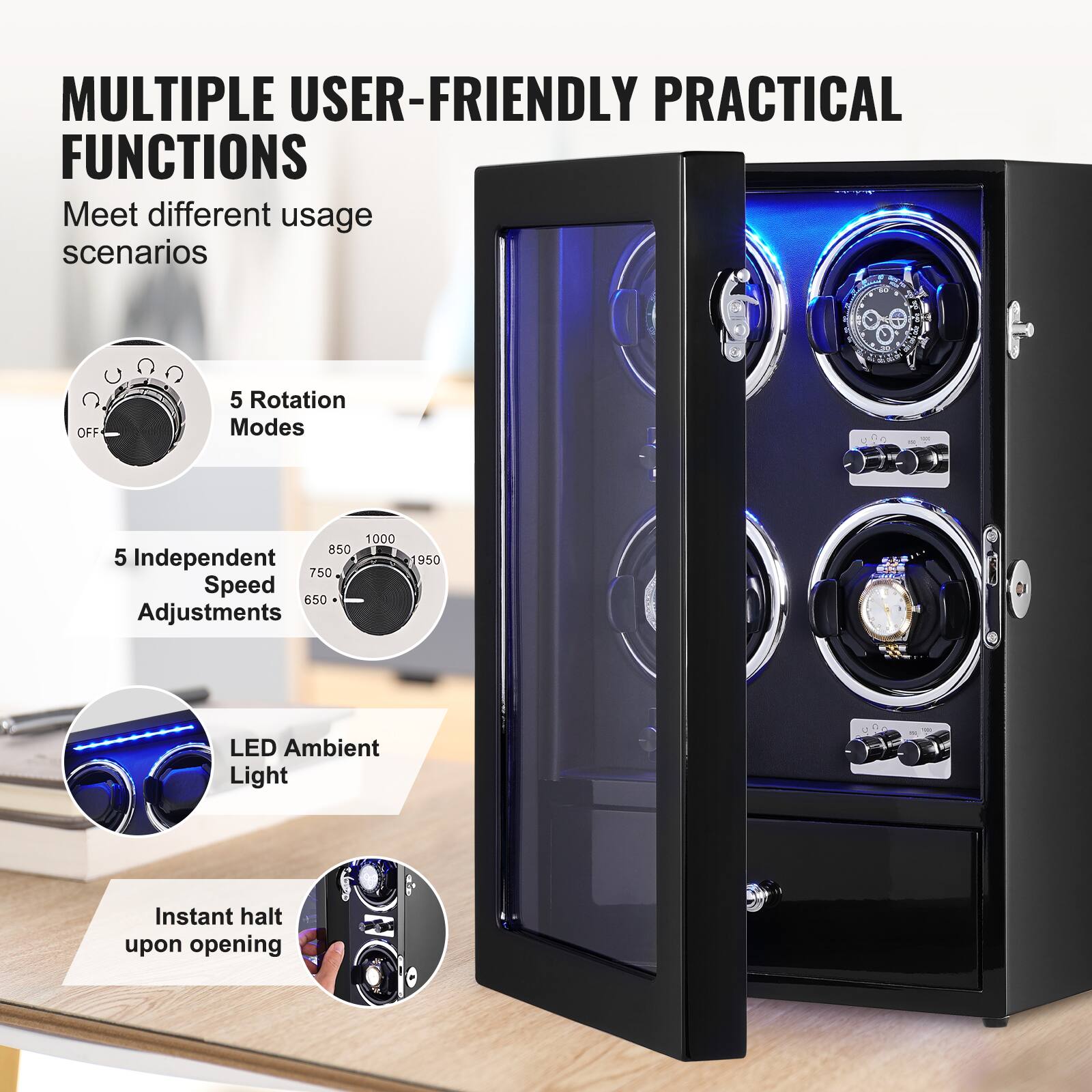 MULTIPLE USER-FRIENDLY PRACTICAL FUNCTIONS  
Meet different usage scenarios  

- 5 Rotation Modes  
- 5 Independent Speed Adjustments (650 - 1950)  
- LED Ambient Light  
- Instant halt upon opening