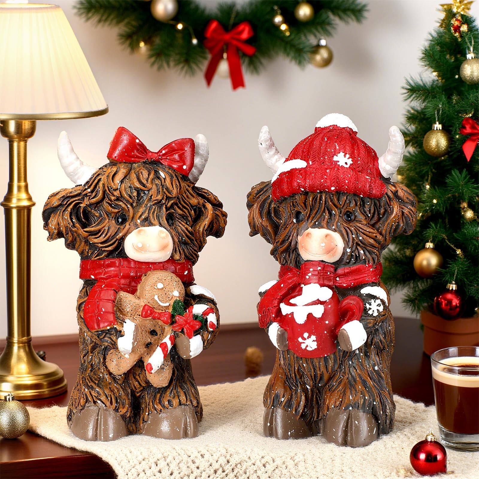 Alt View 6. Paradigms Interiors - 2 Christmas Highland Cow Figurines Decor With Santa Hat Statue Lovers Gifts For Farmhouse Home Garden Bathr... - Pink Flower.