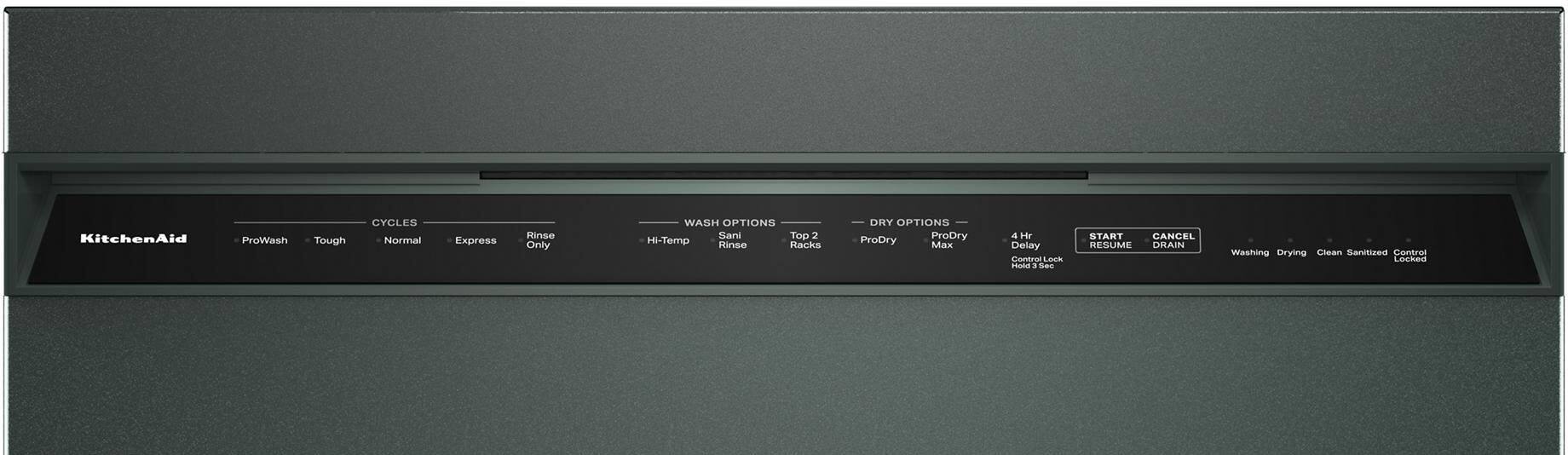 KitchenAid ProWash Tough CYCLES Normal Express Rinse Only WASH OPTIONS Sani Rinse Hi-Temp Top 2 Racks DRY OPTIONS ProDry ProDry Max 4 Delay Locked START CANCEL RESUME DRAIN Washing Drying Clean Sanitized Control Locked
