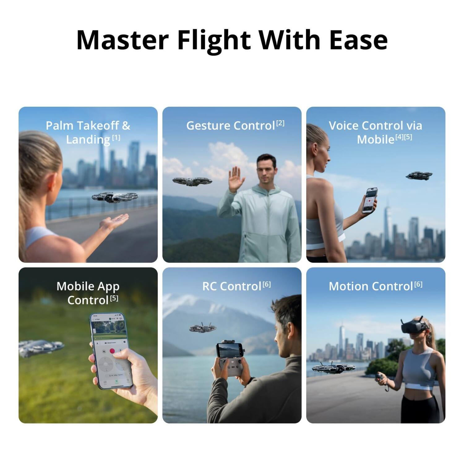 Master Flight With Ease

1. Palm Takeoff & Landing
2. Gesture Control
3. Voice Control via Mobile
4. Mobile App Control
5. RC Control
6. Motion Control