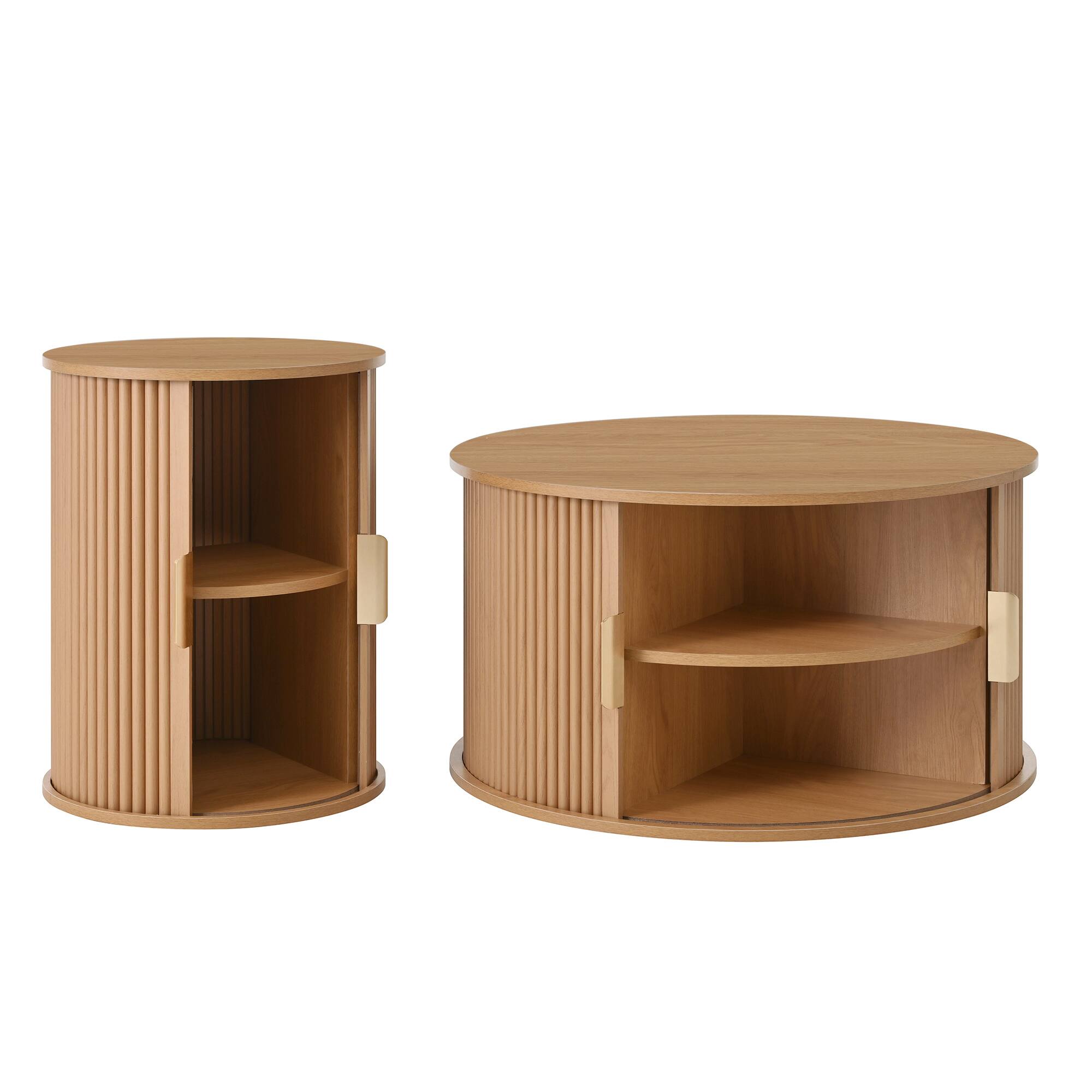 Alt View 6. Tiramisubest - Mid-Century Coffee & Side Table Set of 2 with Tambour Door,Fluted Design,Golden Handle Tall & Low Side Table,Natural - Natural.