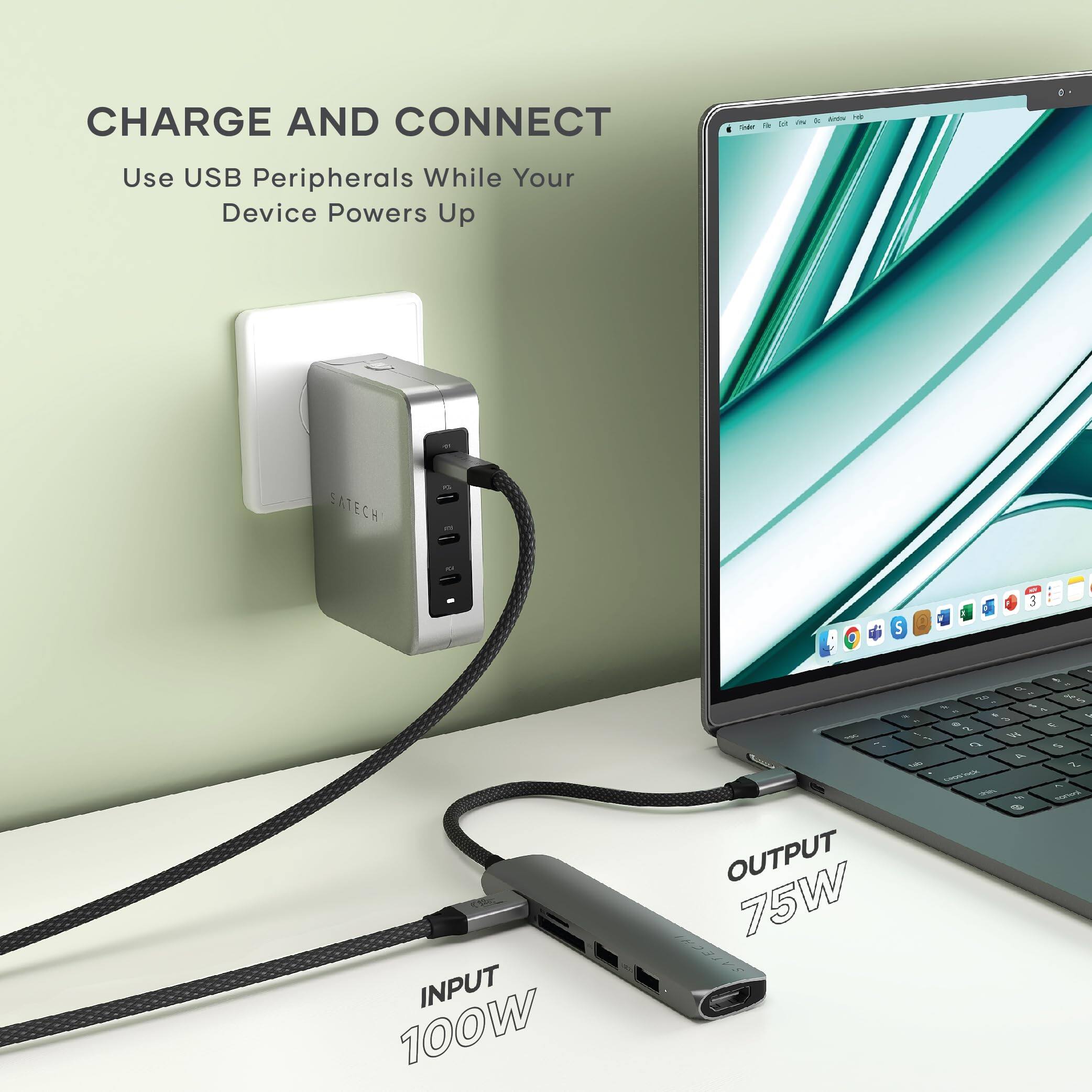 CHARGE AND CONNECT  
Use USB Peripherals While Your Device Powers Up  

SATECH  

INPUT 100W  
OUTPUT 75W