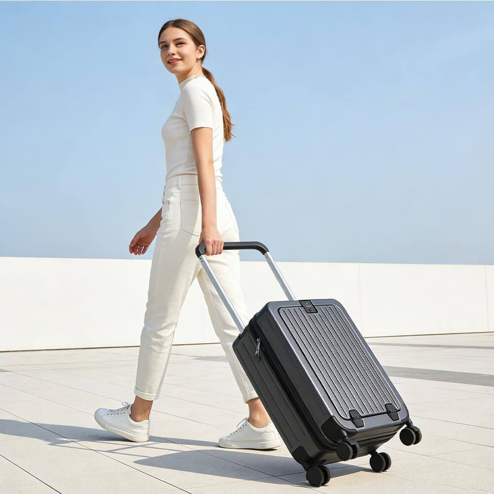 Angle. Quick Deer - 20" Front Opening Carry On Suitcase with Laptop Storage, TSA Lock & 8 Spinner Wheels - Graphite.