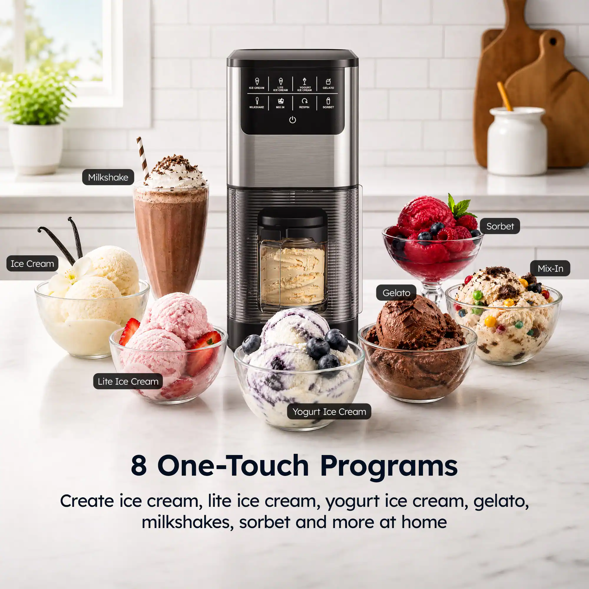 9 = - - : - - - & . C - d I Milkshake Sorbet Ice Cream Mix-In Gelato Lite Ice Cream Yogurt Ice Cream 8 One-Touch Programs Create ice cream, lite ice cream, yogurt ice cream, gelato, milkshakes, sorbet and more at home