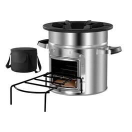 HTUTWOO - Camping Rocket Stove - Portable Wood Burning Stove with Carrying Bag, Stainless Steel, Single Door for Outdoor - Silver
