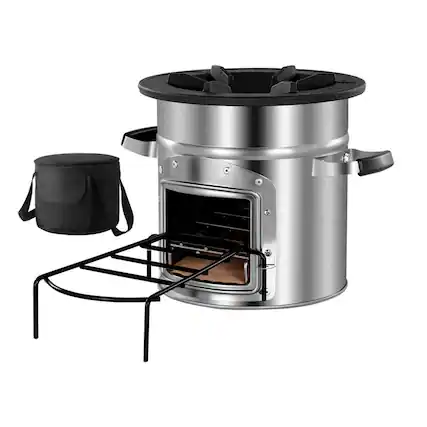 Front. HTUTWOO - Camping Rocket Stove - Portable Wood Burning Stove with Carrying Bag, Stainless Steel, Single Door for Outdoor - Silver.