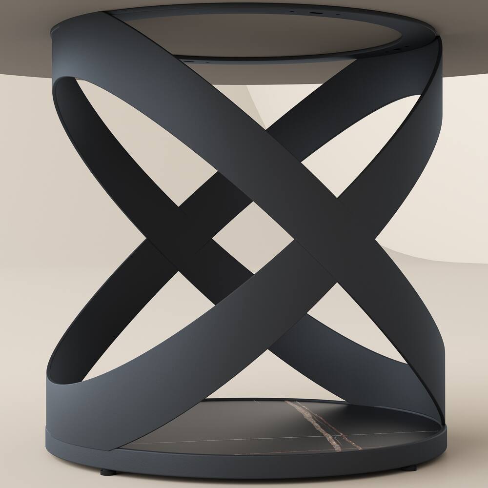 Alt View 2. POVISON - 51" Modern Black Round Dining Table for 6 with Lazy Susan, Matte Sintered Stone Tabletop, Black X Carbon Steel Base - Black Matte Sintered Stone with Black.