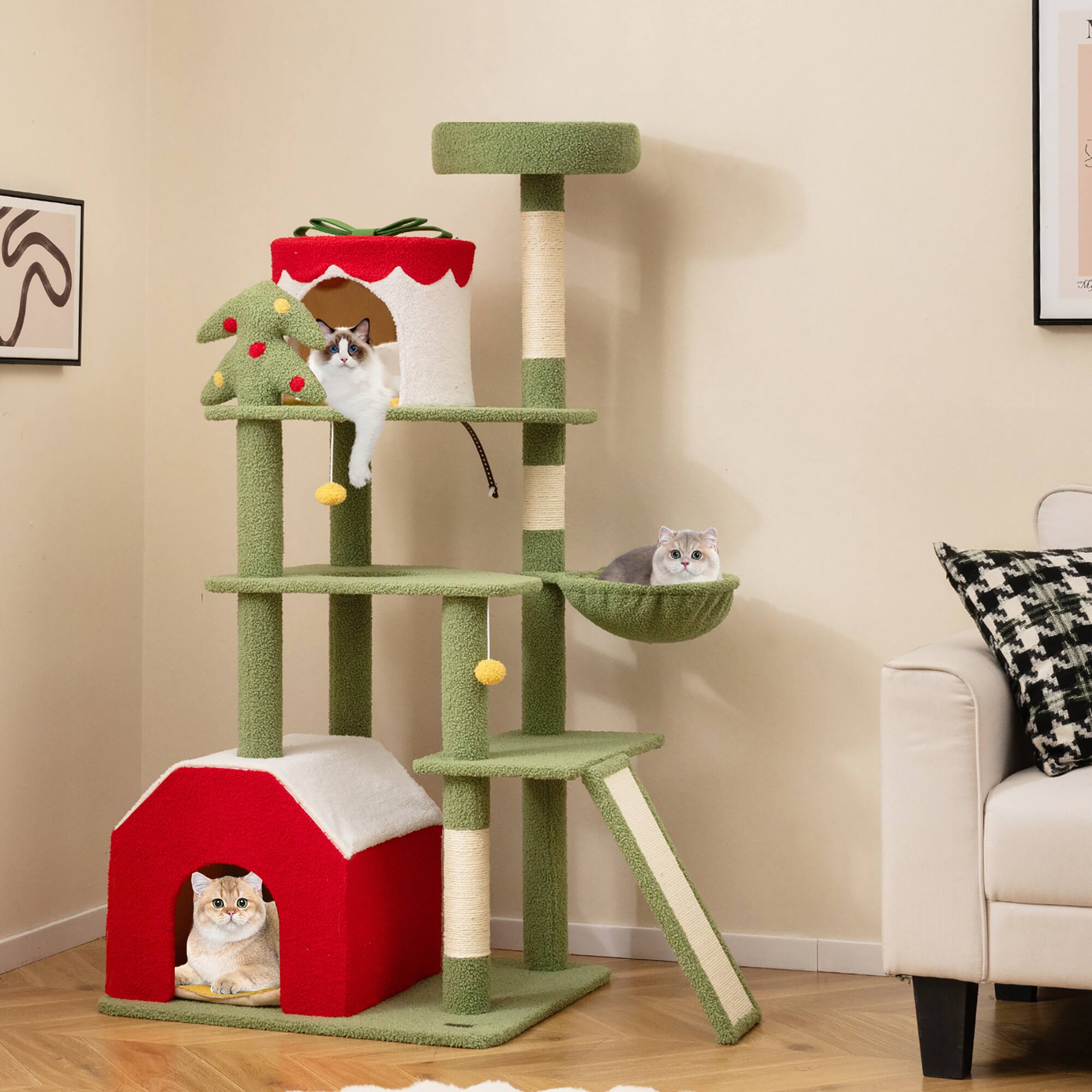 Alt View 1. Gymax - Gymax 61'' Tall Christmas Cat Tree w/ Sisal Scratching Posts Plush Perch & 2 Condos - GYM15380.
